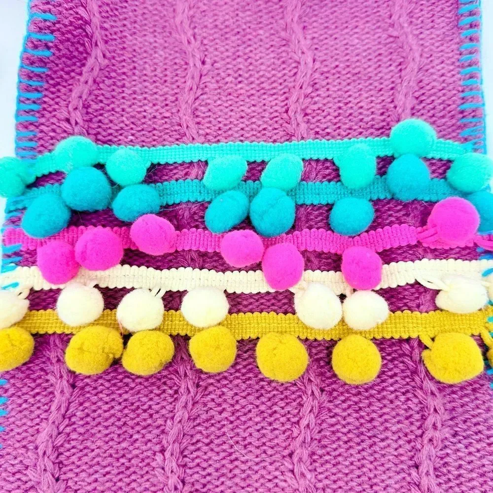 Natural Life Set of 3 Boho Christmas Stockings Purple Cable Knit PomPom Trim